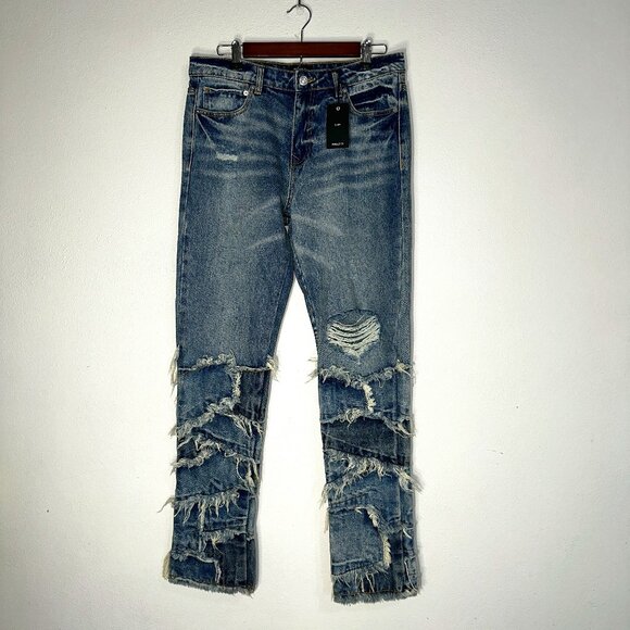 Forever 21 Slim fit Distressed Denim Jeans Men's Size 32 Narrow Hip Raw Hem NWT - Picture 1 of 13